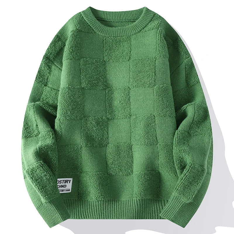 Men Harajuku Fashion Knitted Sweaters Hip Hop Streetwear Loose Plaid Pullover Oversized Casual O-Neck Men Vintage Sweaters