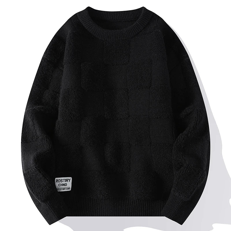 Men Fashion Knitted Sweaters Hip Hop Streetwear Loose Plaid Pullover Oversized O-Neck Men Vintage Sweaters