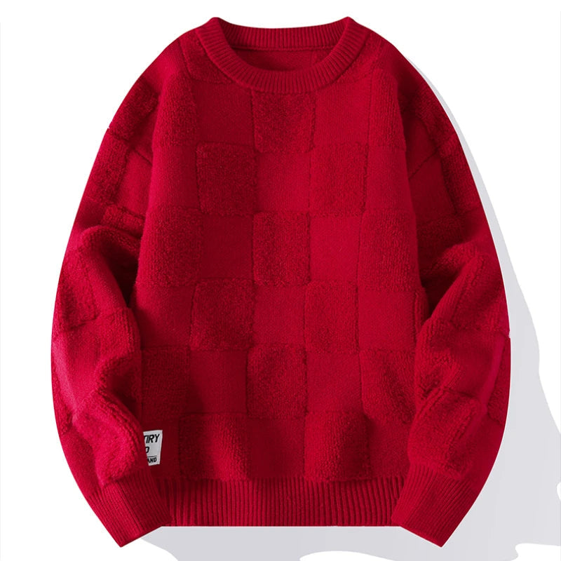 Men Fashion Knitted Sweaters Hip Hop Streetwear Loose Plaid Pullover Oversized O-Neck Men Vintage Sweaters